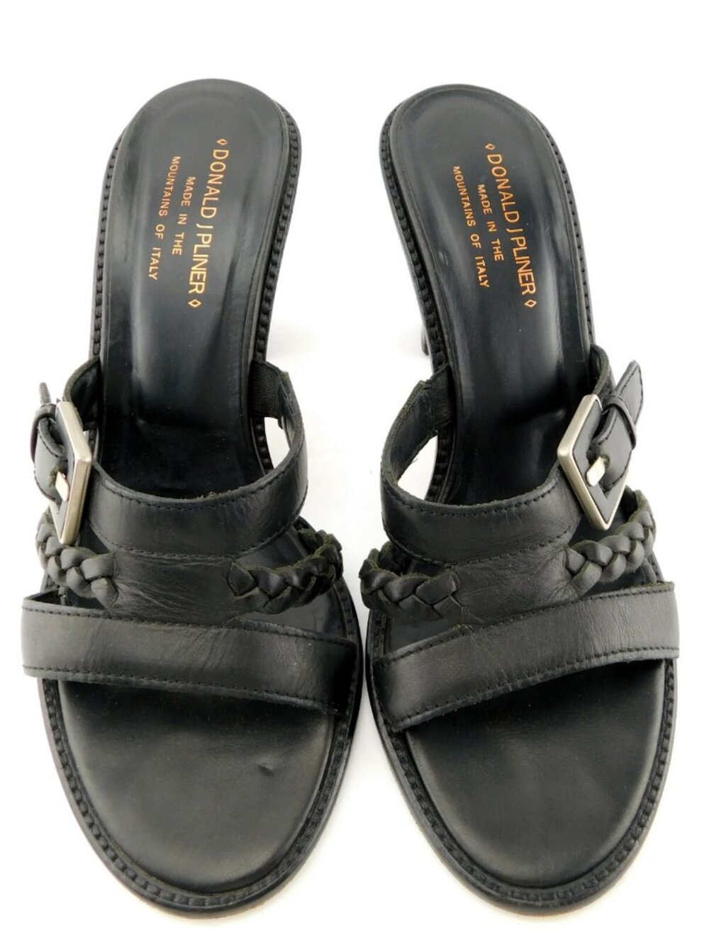 DONALD J. PLINER Black Bucked Braided Leather Slide Heel Sandals 9